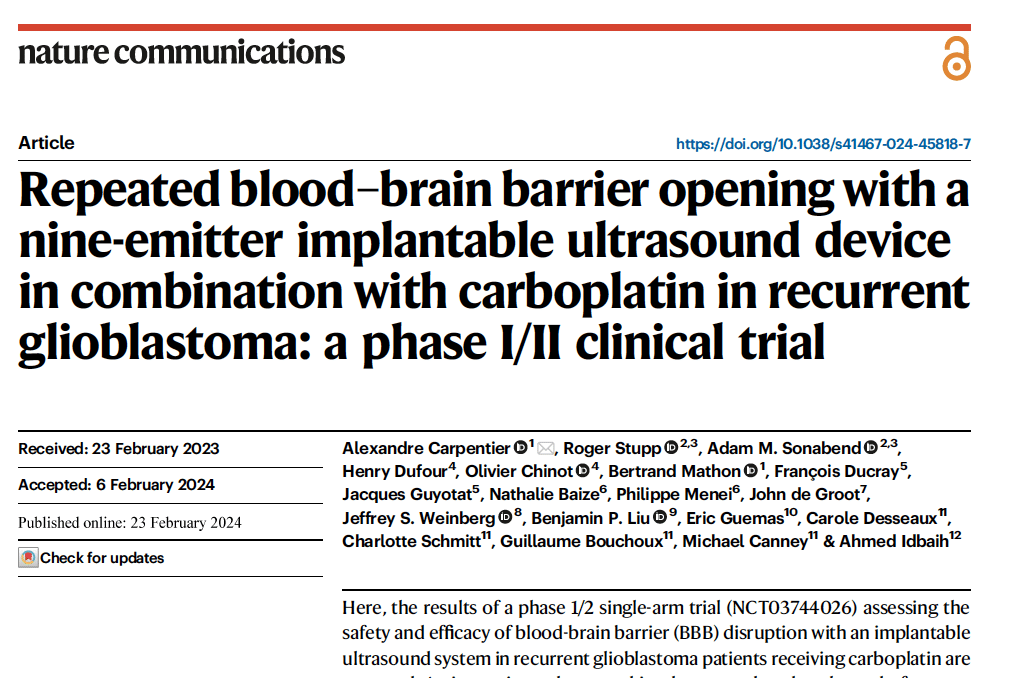 Repeated blood–brain barrier opening with a nine-emitter implantable ultrasound device in combination with carboplatin in recurrent glioblastoma: a phase I/II clinical trial