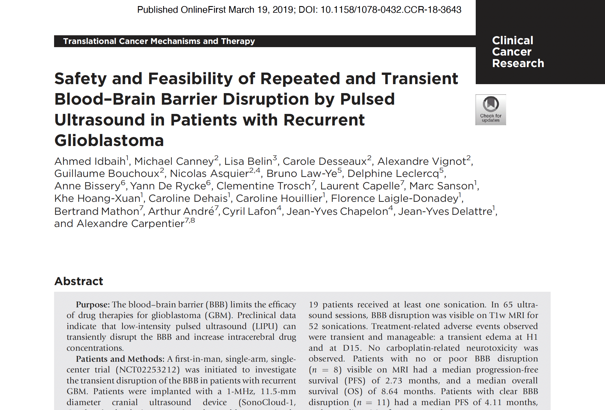 Safety and Feasibility of Repeated and Transient Blood–Brain Barrier Disruption by Pulsed Ultrasound in Patients with Recurrent Glioblastoma