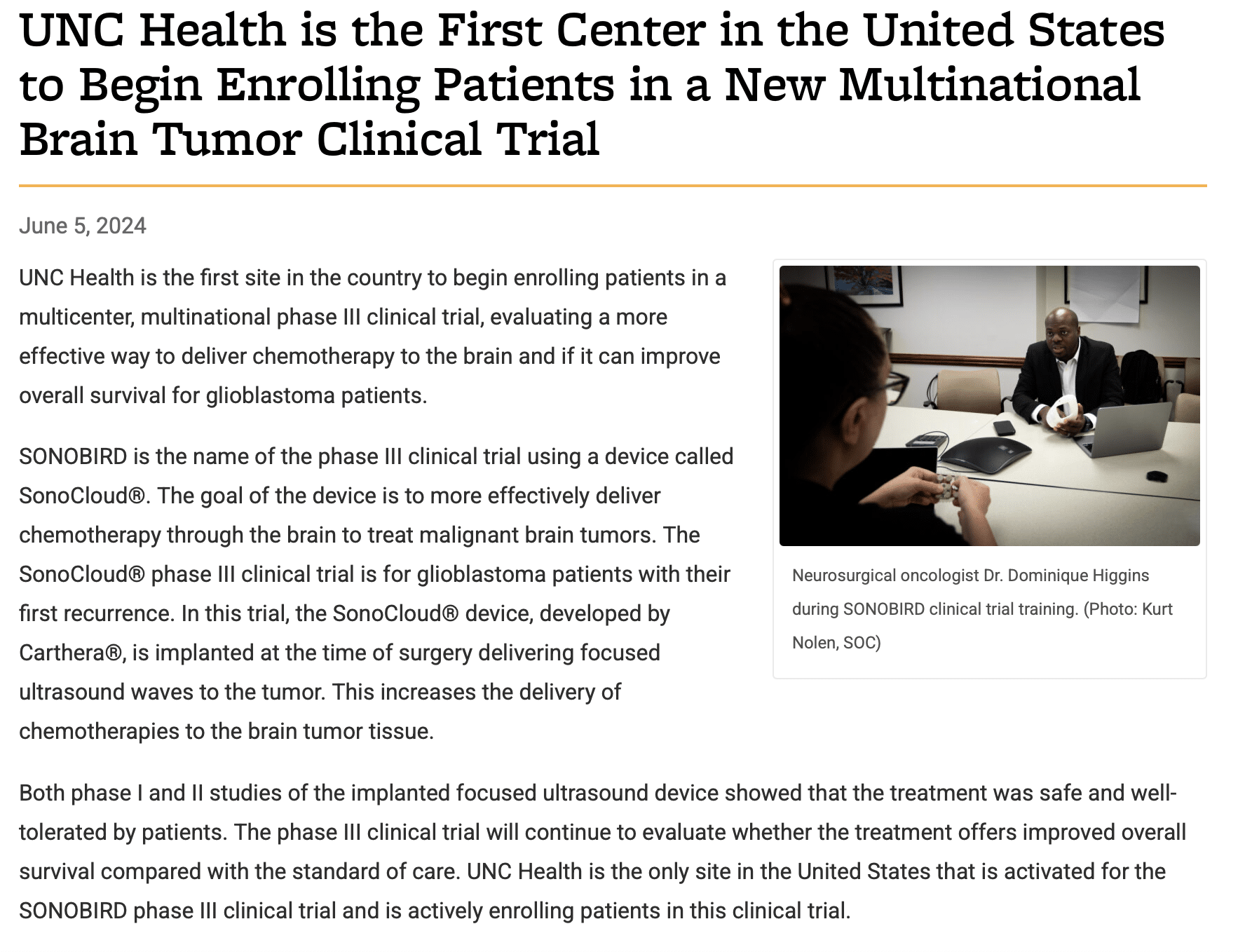 UNC Health is the First Center in the United States to Begin Enrolling Patients in a New Multinational Brain Tumor Clinical Trial